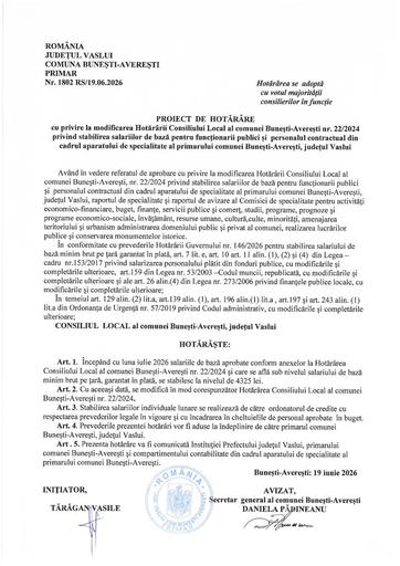 Proiect de hotarare modificare salarii baza