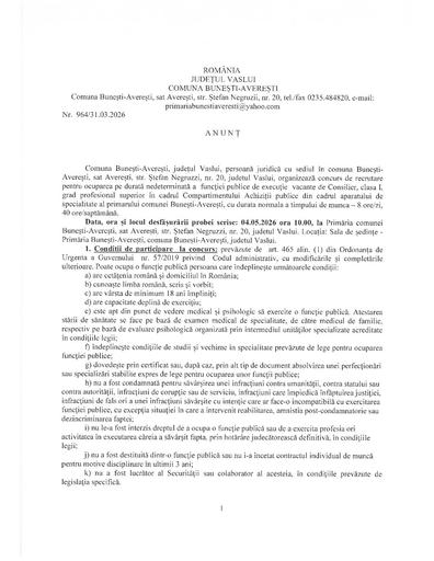 Anunț concurs consilier achizitii publice