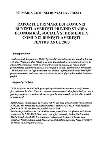 Raportul primarului comunei Bunesti Averesti privind starea economica, sociala si de mediu a comunei Bunesti Averesti pentru anul 2023