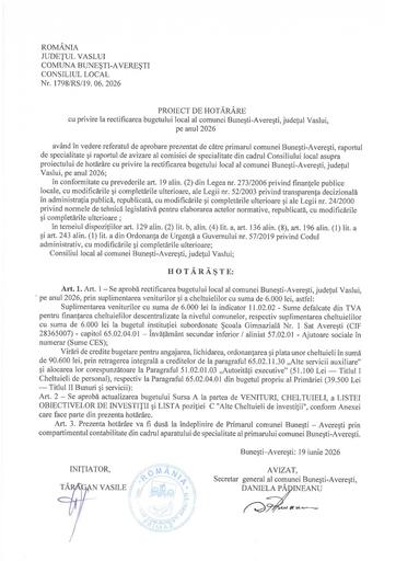 Proiect de hotarare rectificare buget 2026
