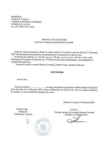 Proiect de hotarare privind alegerea presedintelui de sedinta