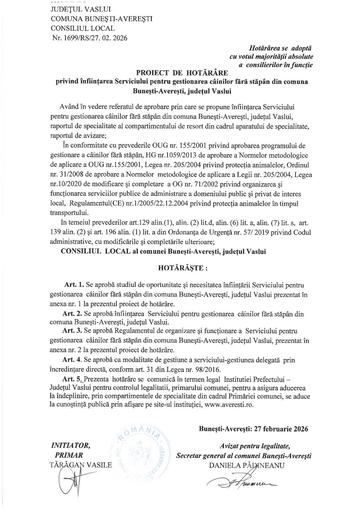 PROIECT DE HOTARARE  privind infiintarea Serviciului pentru gestionarea cainilor fara stapan